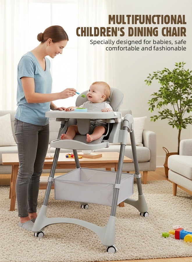 Soft Touch 3-in-1 Baby High Chair, Foldable Toddler Feeding Chair with Removable Soft Cushion and Double Tray, 8 Height Levels, 4 Recline Positions, Baby Dining Chair with Wheels and Storage Basket, Baby Dining Chair for 6–36 Months (Grey) - Image 3